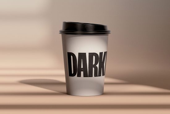 Realistic coffee cup mockup on a beige background with shadows, showcasing bold typography design, ideal for presentation in branding projects.