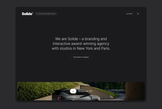 Elegant webpage template featuring a branding agency with a minimalist design, New York and Paris locations for web design portfolio.