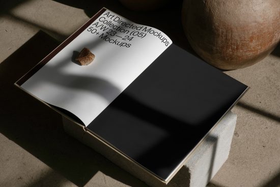 Elegant magazine mockup in natural sunlight with shadow play, perfect for realistic design presentations to impress clients.