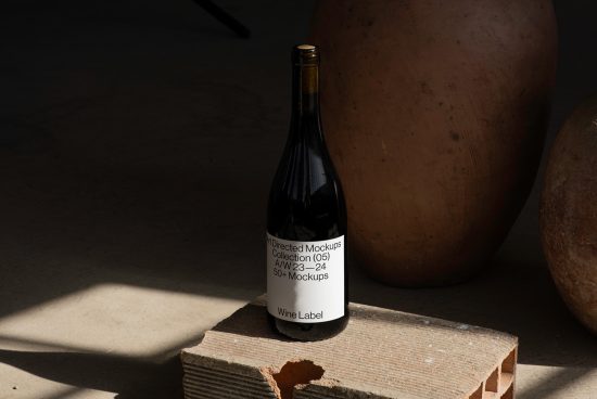 Elegant wine bottle label mockup on a brick, with terracotta pot background, ideal for presenting branding designs to clients.