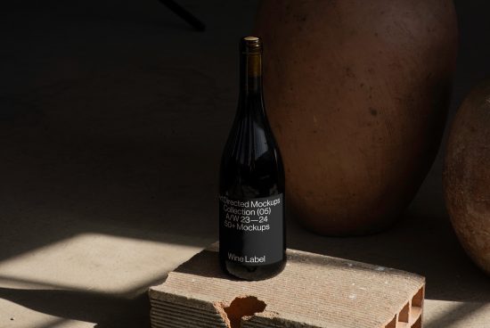 Elegant wine bottle label mockup on brick in shadow with clay pot, realistic presentation for packaging design, digital asset for designers.