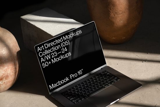 Laptop mockup in sunlight with terracotta pot, ideal for designers to display website graphics in a realistic setting.