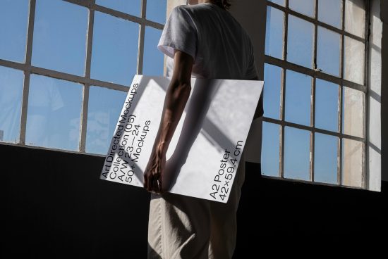 Person holding a large paper mockup in a sunlit room with shadow play, ideal for realistic poster design presentations.
