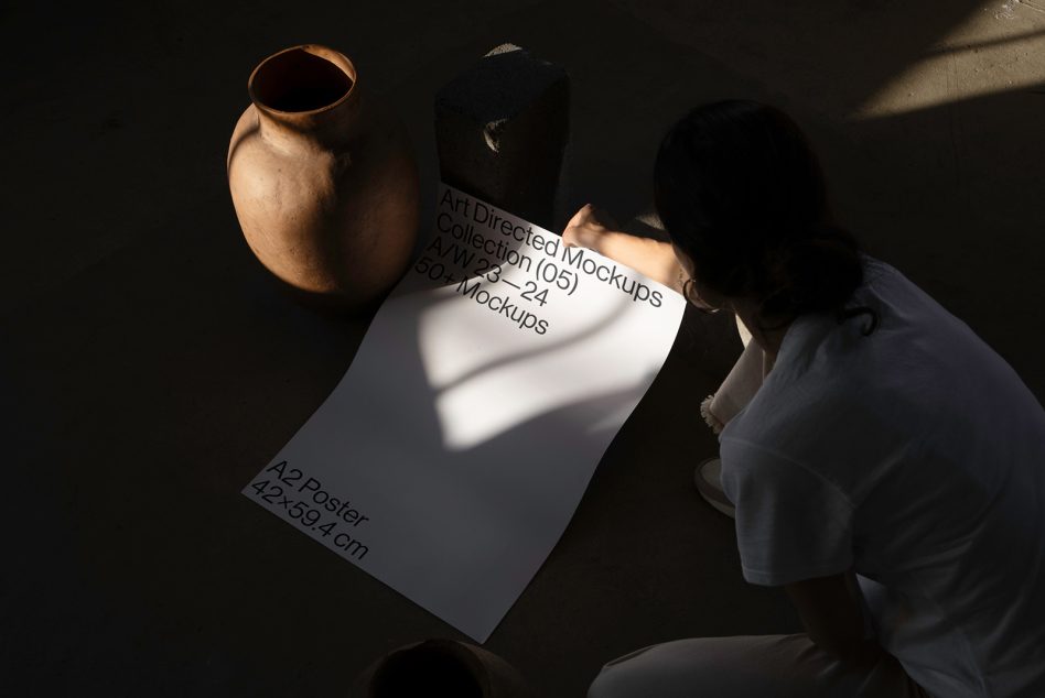 Person viewing A2 poster size mockup in a studio with pottery and strong shadows – ideal for graphic design presentation.