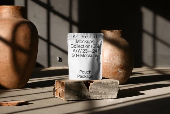 Art Directed Mockup of a pouch package, resting on a brick in a sunlit room with a clay pot, shadows, and textured floor, for designers.