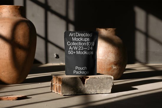 Art Directed Mockups Collection advertising pouch package, displayed in a naturally lit setting with ceramic vase and concrete shadows.