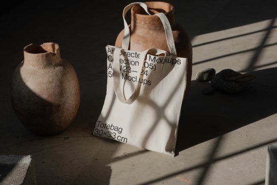 Canvas tote bag mockup on concrete floor with artisan pottery, natural shadows, for design presentation, size 30x33 cm.