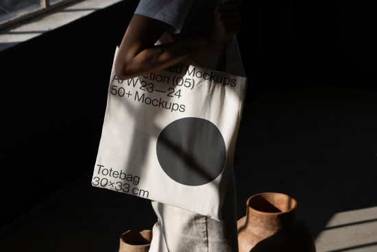 Person holding canvas tote bag mockup with design space in a sunlit room with shadows, next to pottery, ideal for product branding presentations.