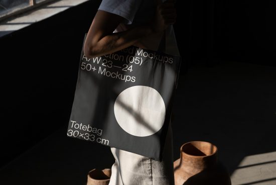 Person holding a designer tote bag mockup in natural light, showcasing realistic shadows and texture, ideal for graphics display on digital assets marketplace.