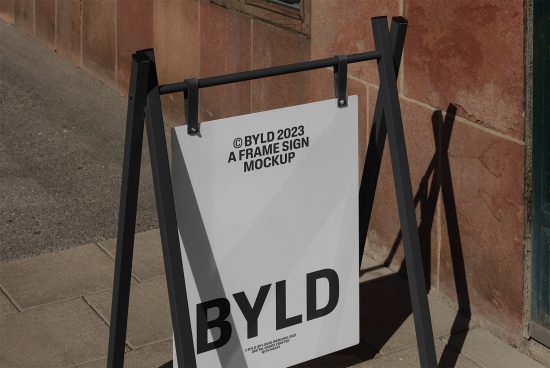 Realistic A-frame sign mockup on a sidewalk for outdoor advertising design presentations, showcasing clear typography and branding space.