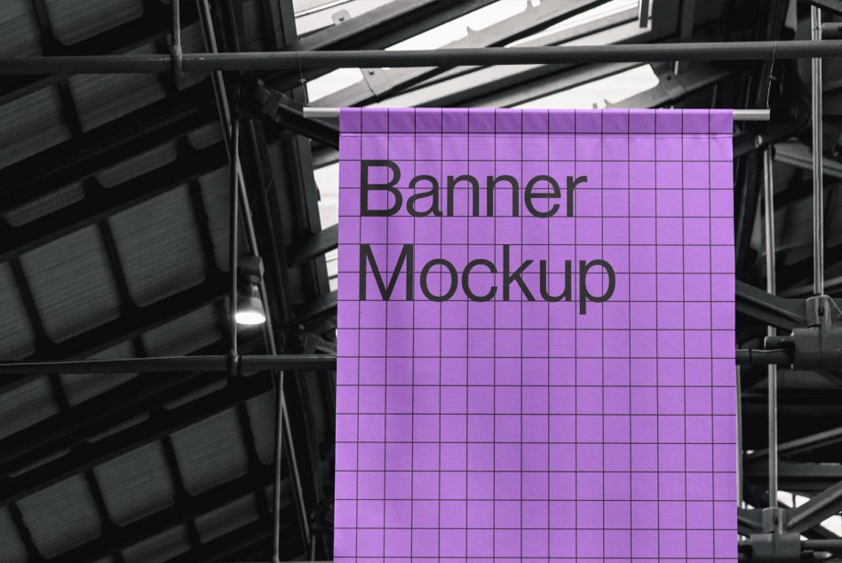 Purple grid-lined banner mockup displayed in an industrial setting, ideal for presentations and advertising designs, perfect for designers.