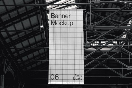 Large vertical banner mockup hanging in an industrial interior setting, grid design for advertising presentation, clear and editable.