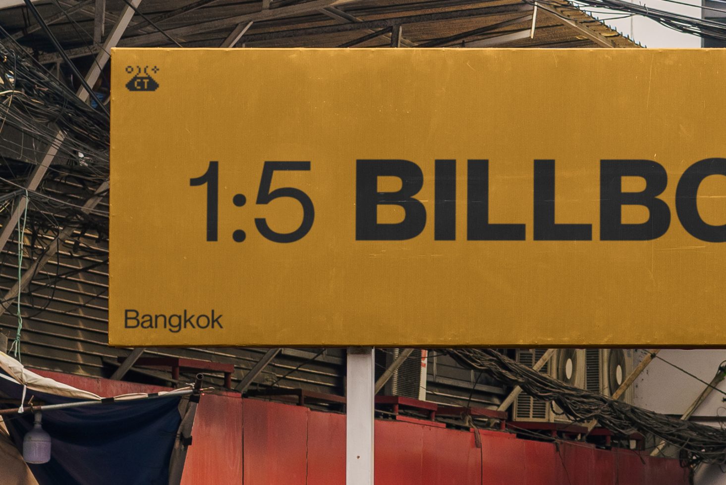 Yellow billboard mockup with bold typography in urban setting for advertising design, Bangkok city background for templates category.