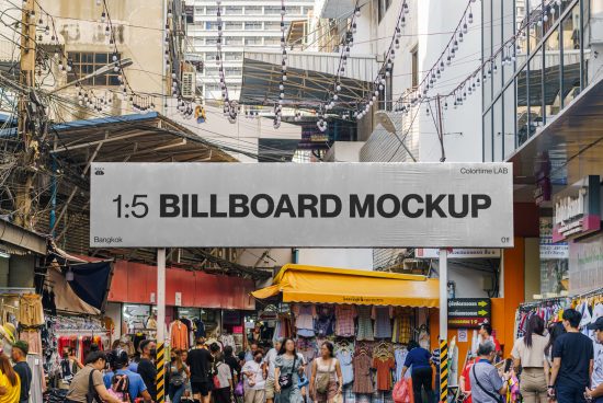 Urban billboard mockup in a bustling Bangkok street market scene, ideal for realistic advertising designs and cityscape presentations for designers.