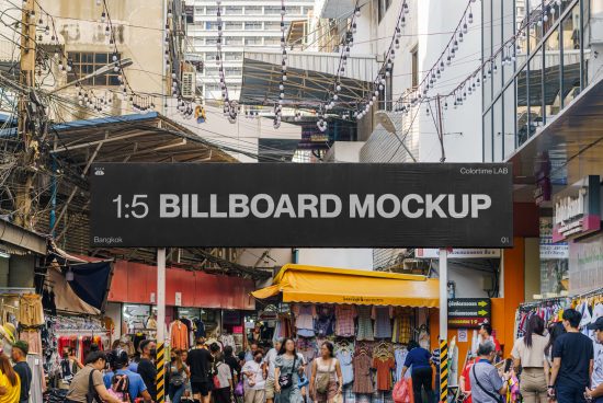 Urban billboard mockup displayed over a bustling street market scene in Bangkok, perfect for realistic advertising presentation in design.