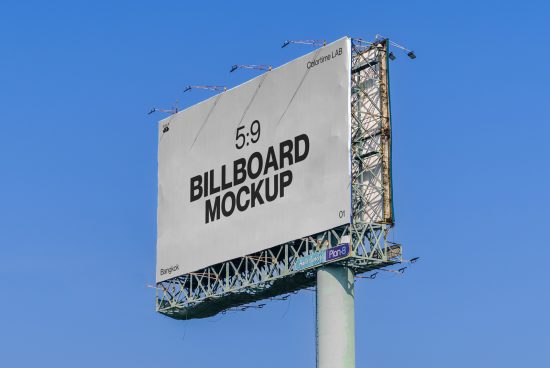 Billboard mockup advertising display on a clear blue sky background, outdoor advertising, design presentation, Mockups category for designers.
