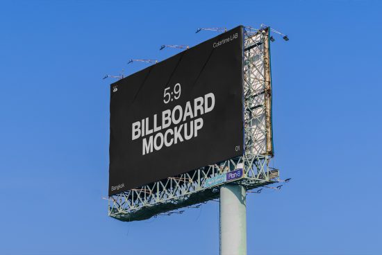 Billboard mockup on steel structure against blue sky, ideal for advertising designs, outdoor media presentation, designer mockups category.