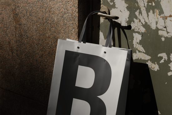 Shopping bag mockup with bold letter 'R' hanging on a rustic metal handle against textured background, ideal for branding presentations.