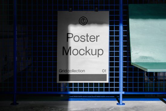 Realistic poster mockup hanging on blue grid wall with shadows in urban setting for designers and presentations.