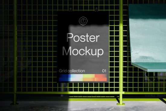 Modern poster mockup display hanging on green grid wall with industrial design elements, suitable for graphic presentations and urban mockups.