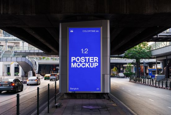 Urban outdoor poster mockup under bridge in city setting, ideal for presenting billboard designs, advertisements, and branding to clients.