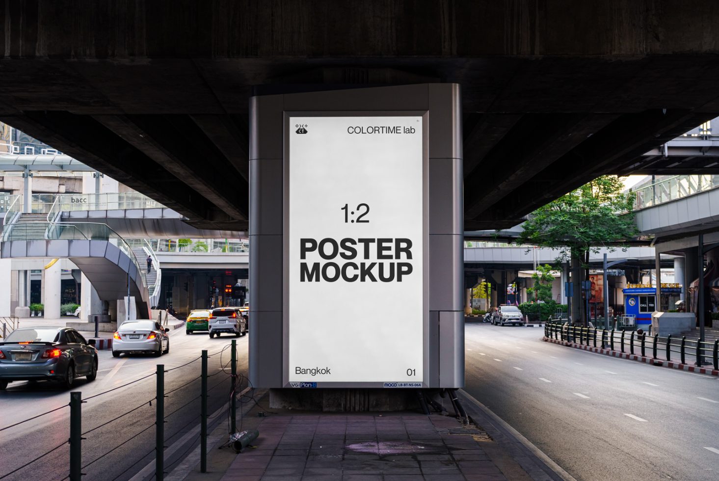 Urban poster mockup under a bridge with a city backdrop for graphic designers and advertisers to display designs realistically.