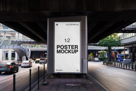 Urban poster mockup under a bridge with a city backdrop for graphic designers and advertisers to display designs realistically.