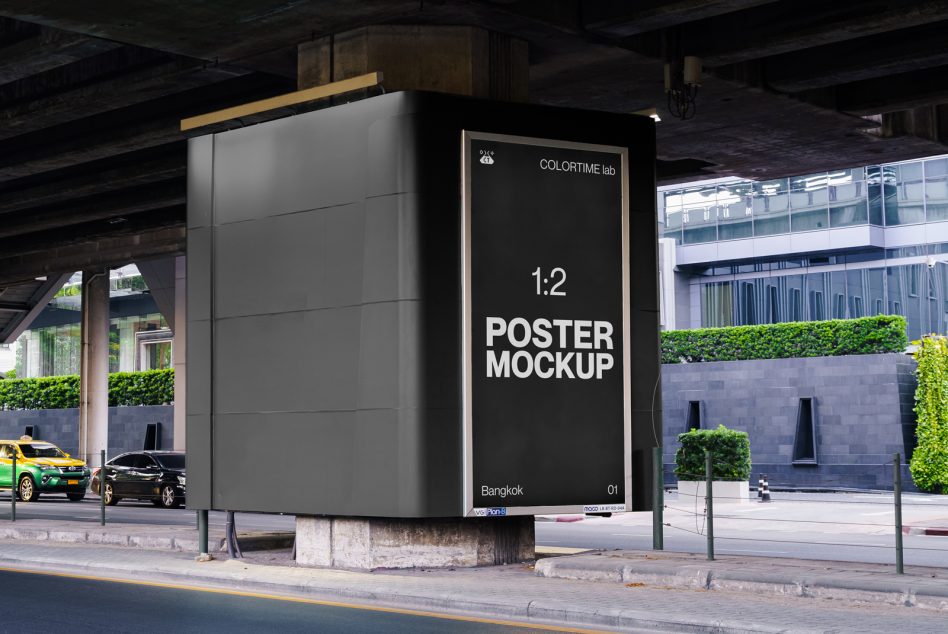 Street-level shot of black shelter ads with 1:2 poster mockup displaying white text on dark background, Bangkok