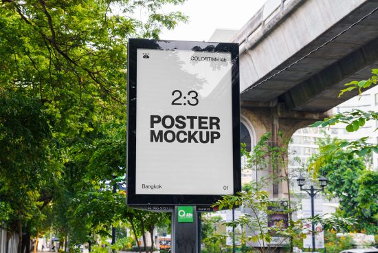 Outdoor poster mockup displayed on city street, ideal for presenting advertising designs or branding to clients, suitable for graphic designers.