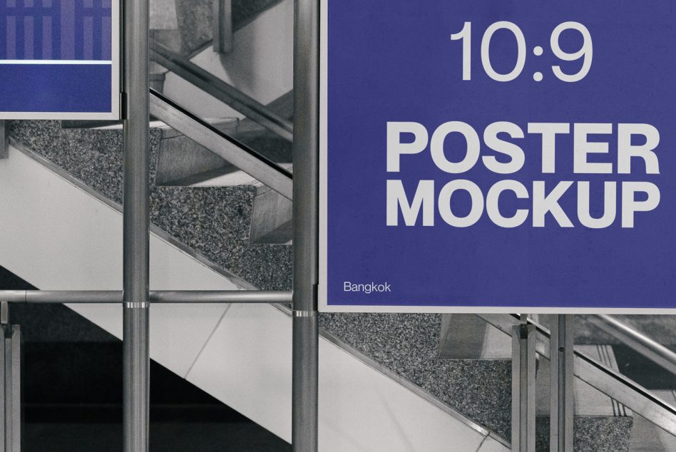 Urban poster mockup displayed on a street sign with stairs in the background, for graphic design and advertising presentations.