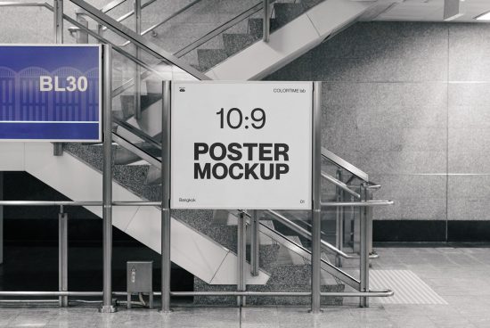 Realistic urban poster mockup in a public space for designers and advertisers to showcase work, with a stairway and railing in the background.