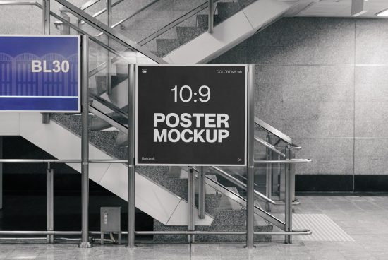 Urban poster mockup displayed in a subway station, ideal for ads, signs, and branding designs for graphic designers.