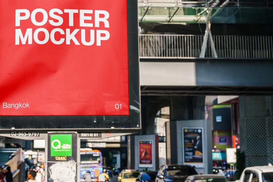 Urban poster mockup displayed on a street in Bangkok with cars and city infrastructure in the background, ideal for realistic advertising design presentations.