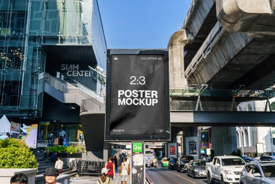 Urban billboard mockup for advertising displayed in a busy street scene with passersby and vehicles, ideal for designers and marketing.