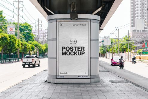 Urban billboard poster mockup on city street with vehicles for graphic design display, realistic outdoor advertising template.