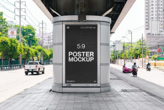 Urban billboard poster mockup displayed on a street pillar with city background, ideal for designers to showcase advertising designs.