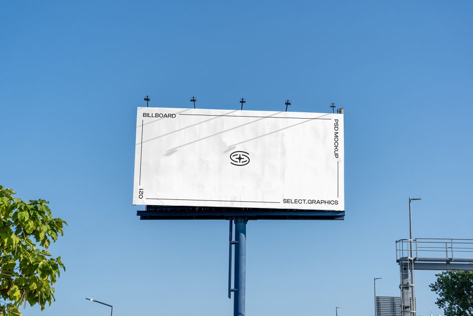 Outdoor billboard mockup on a clear day, ideal for advertising and design presentations, visible against a blue sky.