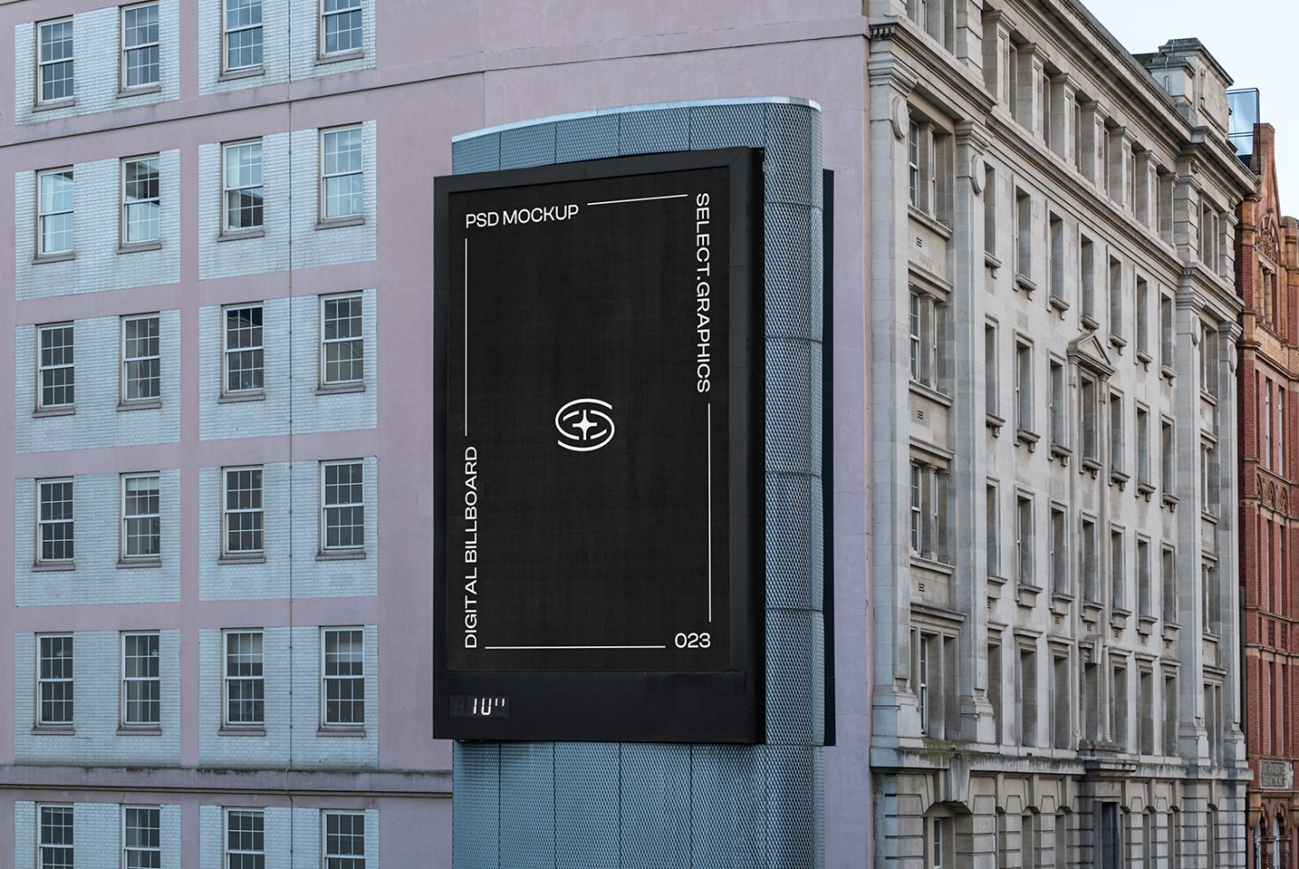 Urban digital billboard mockup on building exterior for advertising design presentation, realistic city environment graphic display.