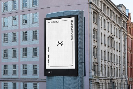Urban digital billboard mockup on building exterior for advertisement design presentation. Perfect for designers seeking realistic mockup graphics.
