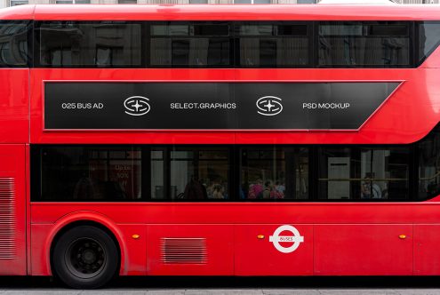 Red double-decker bus mockup with side advertising space, showcasing a logo and the text "PSD Mockup" ideal for graphic designers.