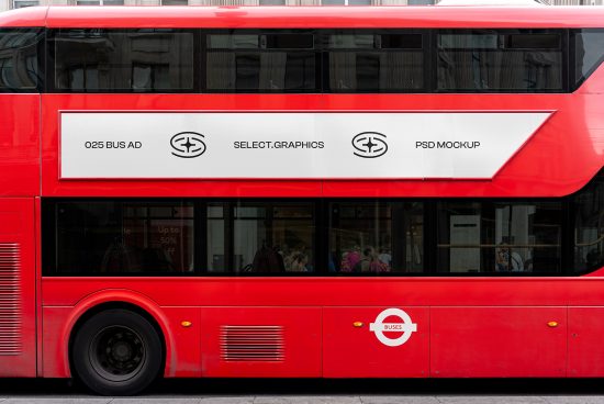 Red double-decker bus mockup for outdoor advertising design showcase with editable side banner, perfect for graphic designers and branding projects.