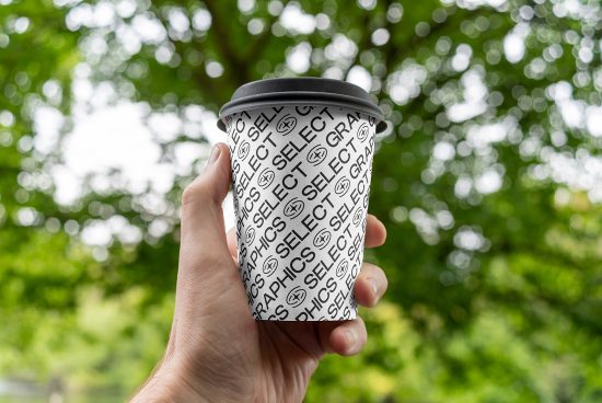 Hand holding paper cup with typographic pattern, bokeh greenery background, product mockup, eco-friendly, branding design.
