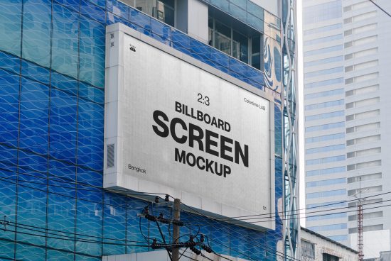 Billboard screen mockup on a blue glass building facade, urban outdoor advertising display template, design asset for graphic designers.