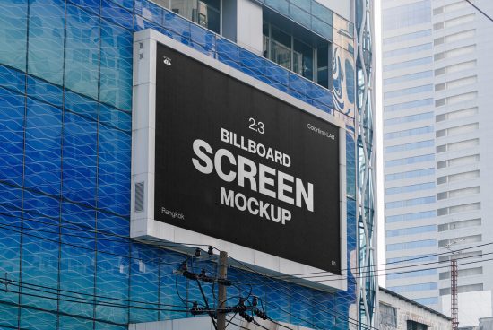 Urban billboard advertisement mockup on a blue glass building exterior for designers to showcase graphics and branding in a realistic setting.