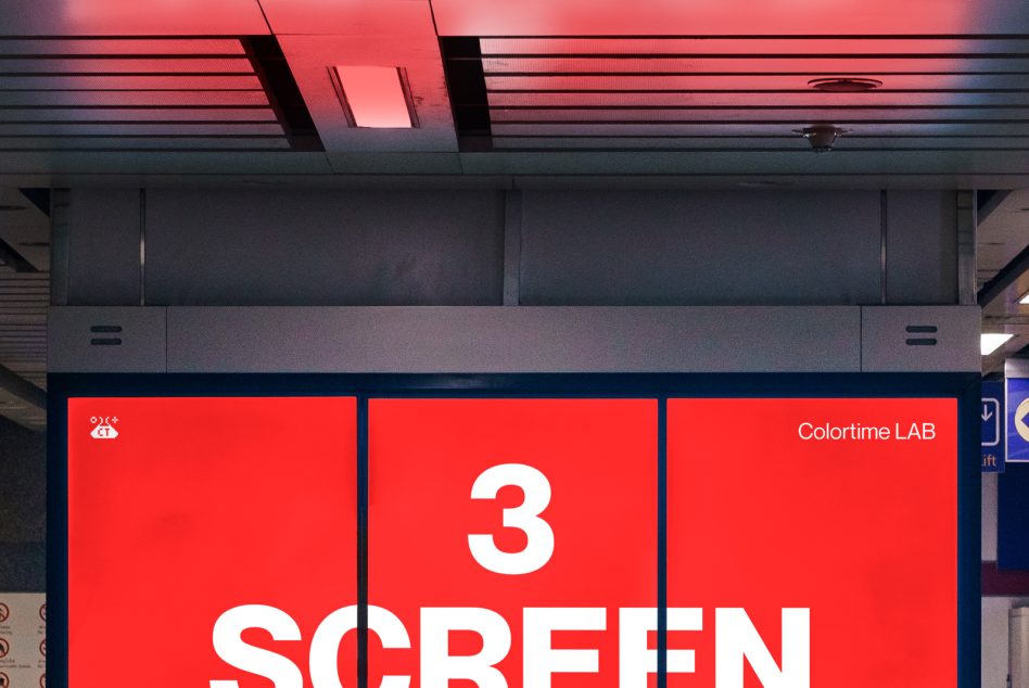 Multi-panel red LED billboard in transit hub with bold white typography