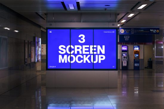 Digital triple screen mockup display in a subway station setting perfect for advertising designs and urban presentations.