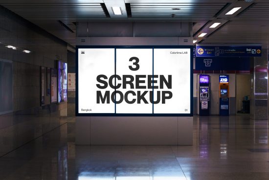 Triple screen digital billboard mockup in a subway station setting, perfect for realistic advertising presentations and urban designs.