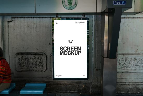 Urban billboard screen mockup at a bus stop, with editable layers for designers, perfect for advertising and branding projects.