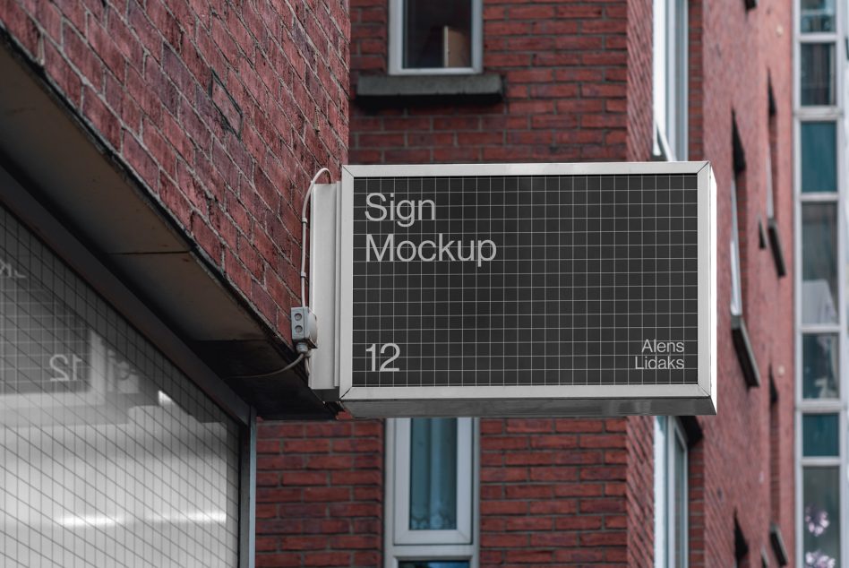 Outdoor sign mockup on a building corner for urban storefront branding, realistic signage display design asset for graphic designers.