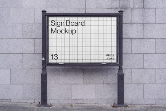 Outdoor sign board mockup on a street wall for advertising design presentation, clear grid layout, urban setting.